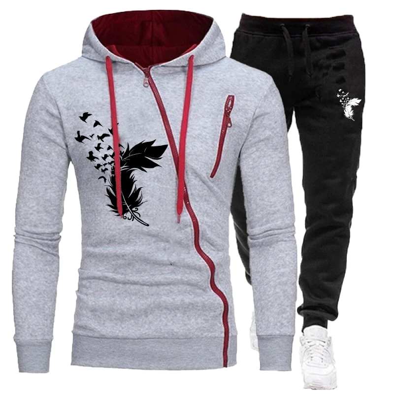 Personalized diagonal zipper men's sportswear hooded set, men's hooded and pants two-piece warm wool hoodie set