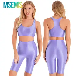 Women's Gymnastics Swimsuit Swimwear Two-piece Rave Outfit Sportwear Glossy U Neck Sleeveless Crop Tank Top High Waist Shorts