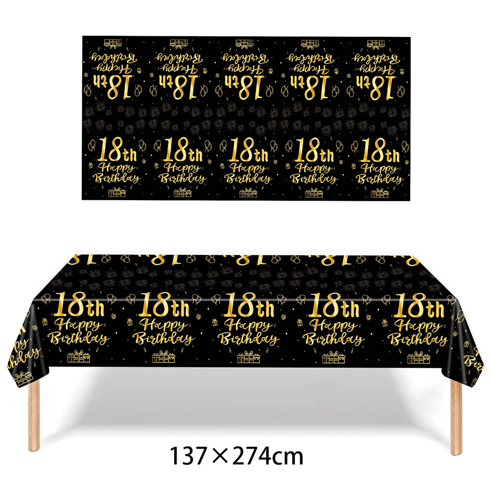 18th Birthday Decorations for Boys Girls Black Gold Party Banner Birthday Balloons Tablecloths Cake Topper Tableware Supplies