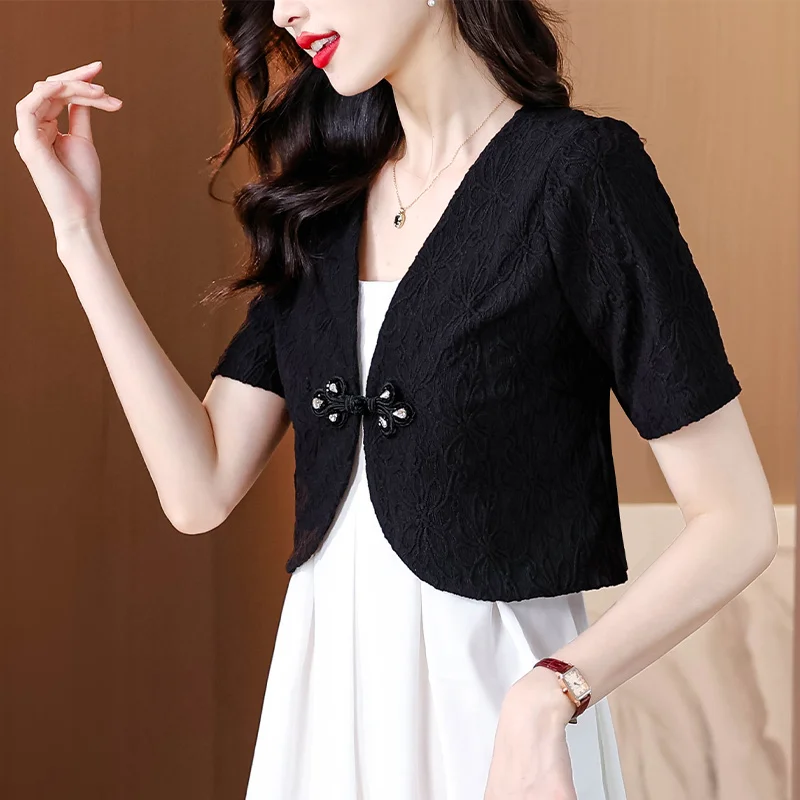 Summer Short Sleeve V-Neck Black White Women Jacket Chinese Style Jacket Coat Women Blusas Mujer De Mode 2024 Verano Blusa H616