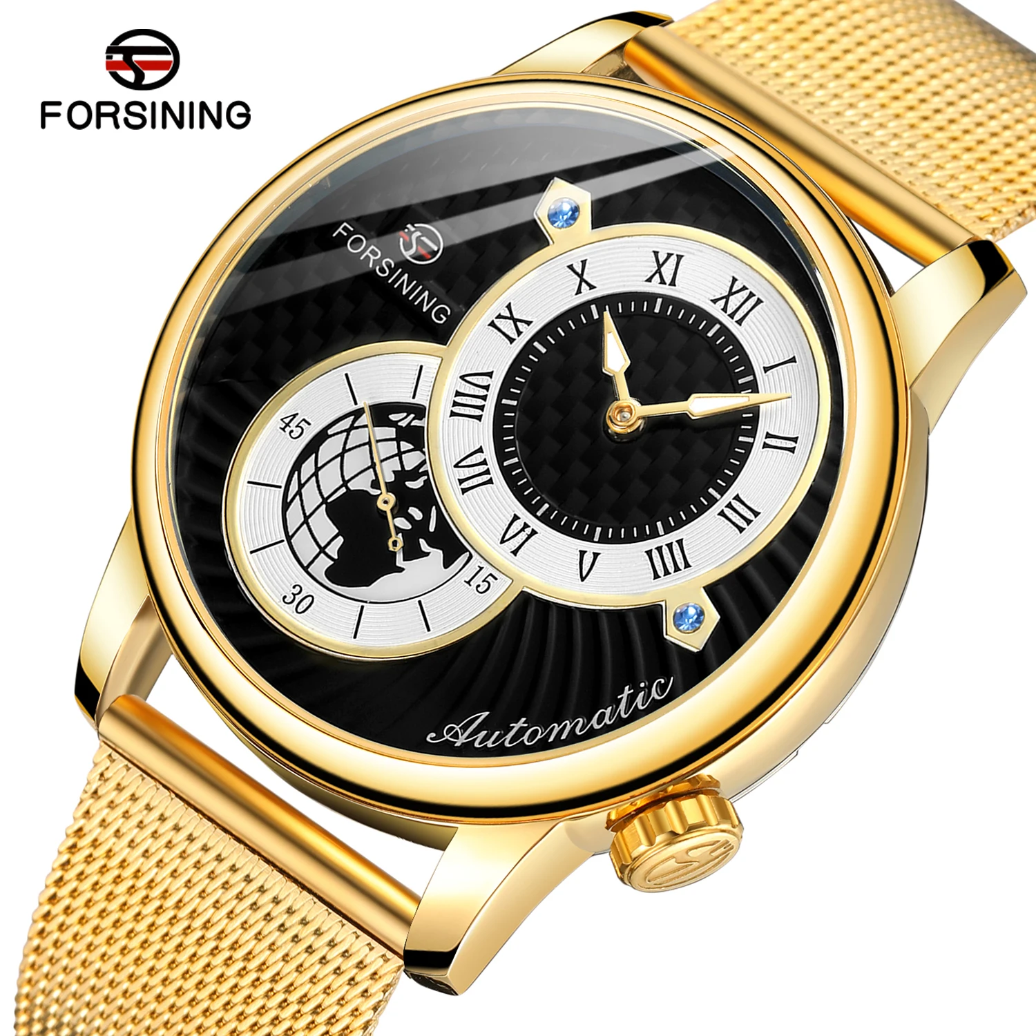 Forsining Men Automatic Mechanical Watches Fashion Two Dial Display 30M Waterproof Earth Image Design Mesh Strap Relogio Clocks