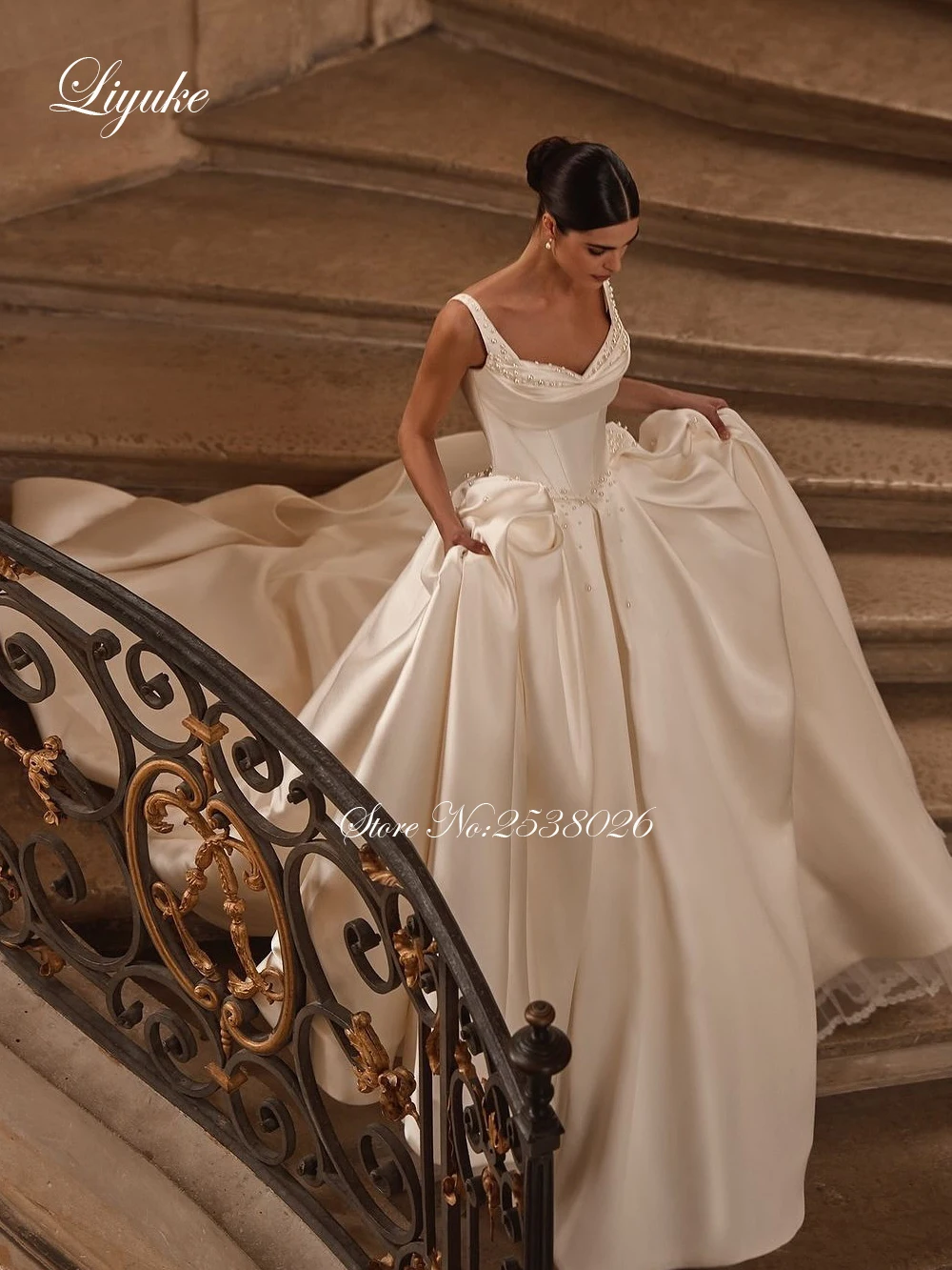 Liyuke Customize Made Luxury Satin Ball Gown Wedding dresses Spaghetti Straps Beading Pearls Elegant Bridal Gowns