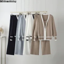 Fall Winter Knitted Women 3 Piece Sets Zip Cardigan Coats Tops Conjunto Sleeveless Vest Outfit High Waist Wide Leg Pants Suit