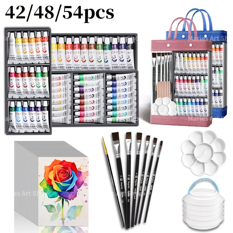 42/48/54pcs Watercolor Paint Set with Bag,12/18/24 Colors,Brushes,Paper,Palette,Brush Washer for School for Painting(5ml/0.17oz)