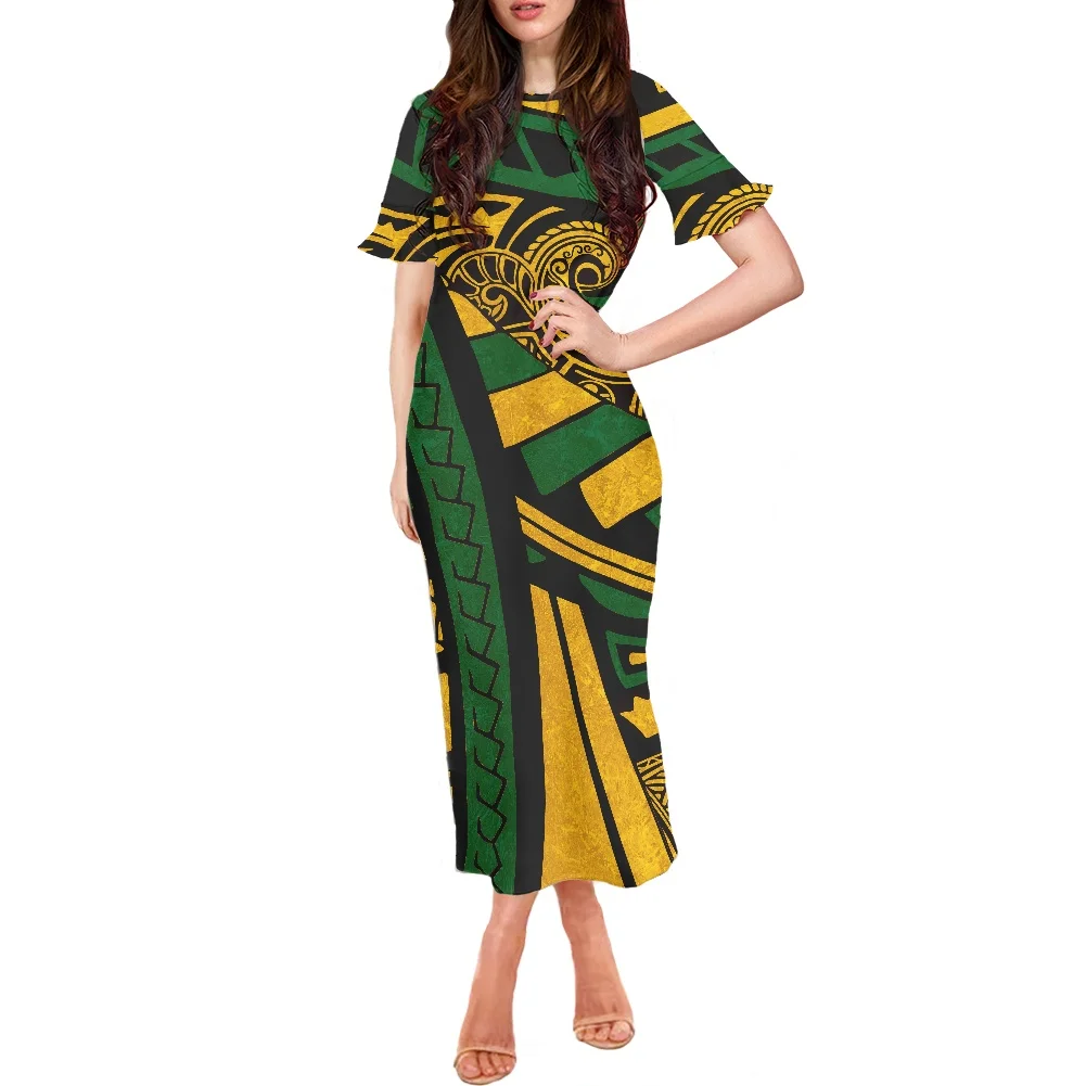 

2022 New Long Dress Polynesian Tribe Women Dress Summer Fashion Elegant Office Dresses O neck Short Sleeve Clothing