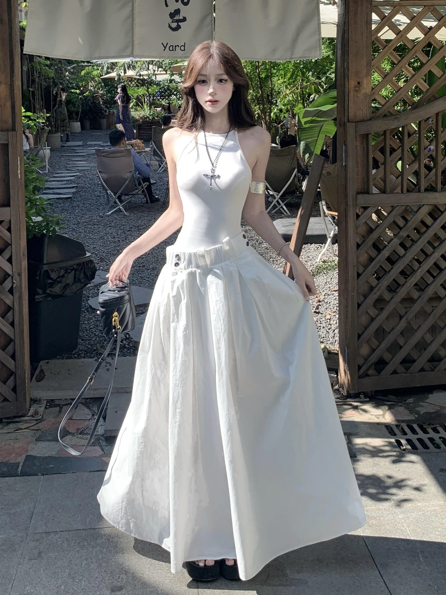 Superbe gilet blanc Dr femmes été nouveau Sle taille couchée Utile Long Dr faux deux pièces doux japonais Sle A-Li...