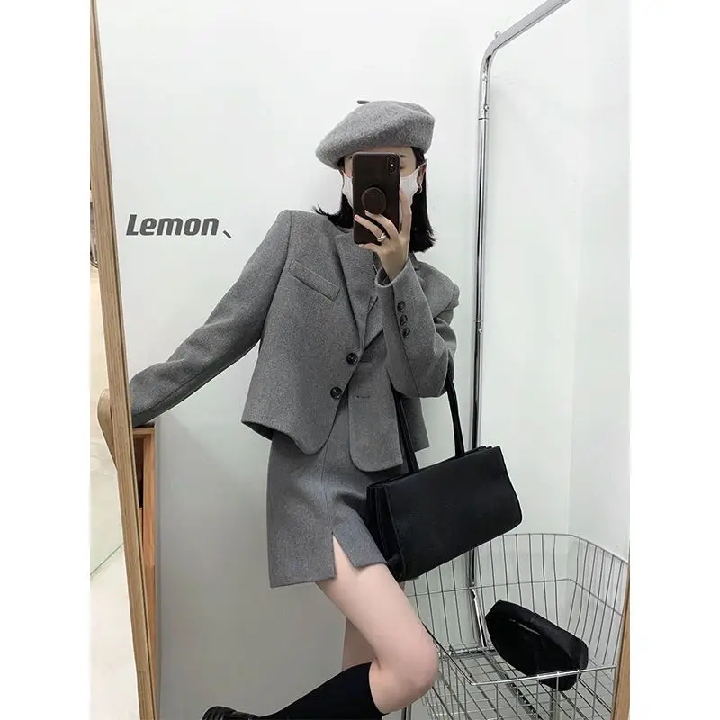 Woolen Suit Women Short Woolen Coat and Skirt 2021 Autumn Winter New Retro Korean Fashion Solid Temperament Two-piece Sets Trend