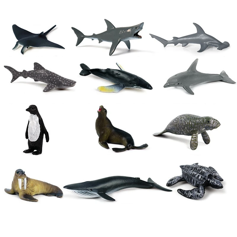 24 ชิ้นการจําลอง Mini สัตว์ทะเลฟันยักษ์ฉลามปลาวาฬปลาวาฬสีฟ้า Shark Penguin Dolphin ของเล่น
