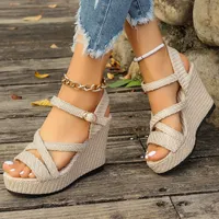 2024 Summer New Style Women's Denim Cotton Cross Strap Roman Sandals Thick Bottom Slope Sandals With Rubber Sole From China