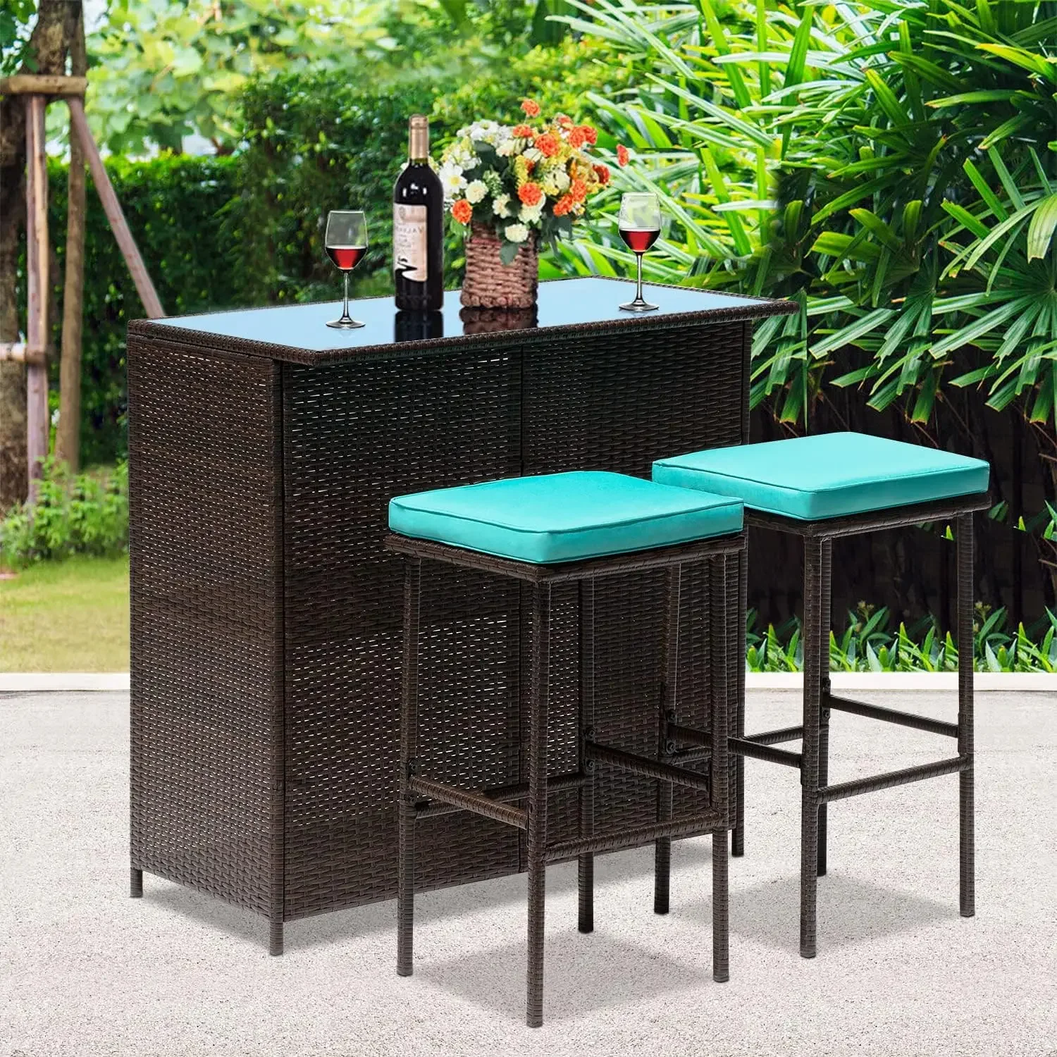 Conjunto de muebles de mimbre para exteriores, conjunto de Bistro con dos taburetes para Patio trasero y balcón, 3 piezas