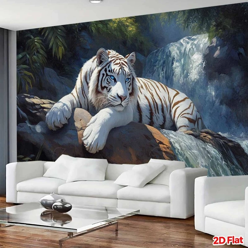 White Tiger in Forest with Waterfall and Rocks Wall Tapestry 2D Flat Print Wildlife Art Animal Decor Boho Style Home Interior