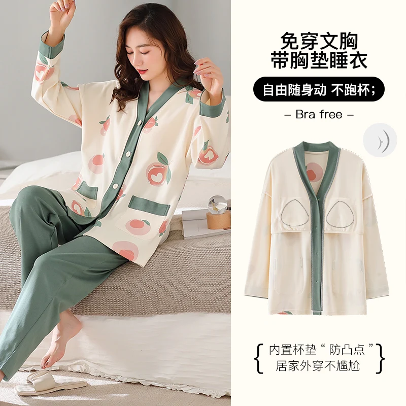 Newest Autumn Winter 100%Cotton Women\'s Long Sleeve Pajamas Set V- Neck Loose Soft M-5XL Female Pyjamas With Cheast Pad