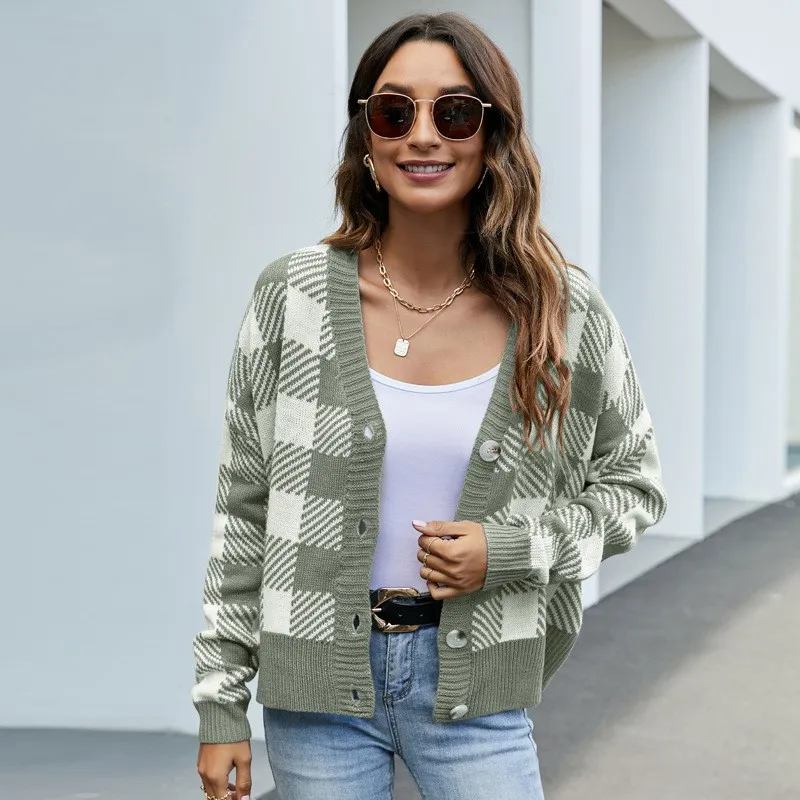 Casual And Fashion Women's Knitted Cardigan Jacket Blue And White Checkered V-neck Button Loose Sweater Jacket, Autumn New Item