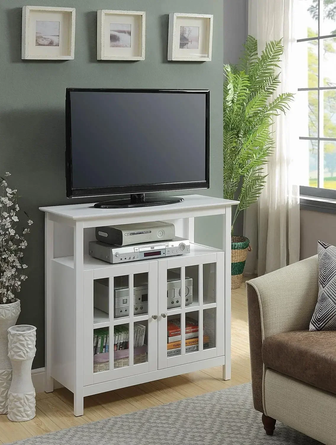 Big Sur Highboy TV Stand with Storage Cabinets and Shelves in White Finish, tv console furniture