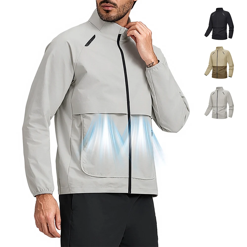 Men Lightweight Quick‑Dry Windbreaker Jacket Stand‑Up Collar Reflective Detail Zipper Pockets Outdoor Jogging Sports Outerwear