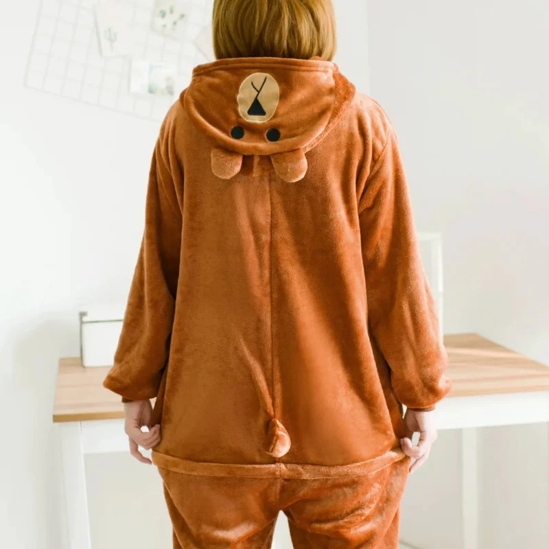 Unisex Winter One-Piece Cartoon Brown Bear Pajamas With Two Round Ears And A Short Tail Polyester Warm Comfort Sleepwear Cosplay