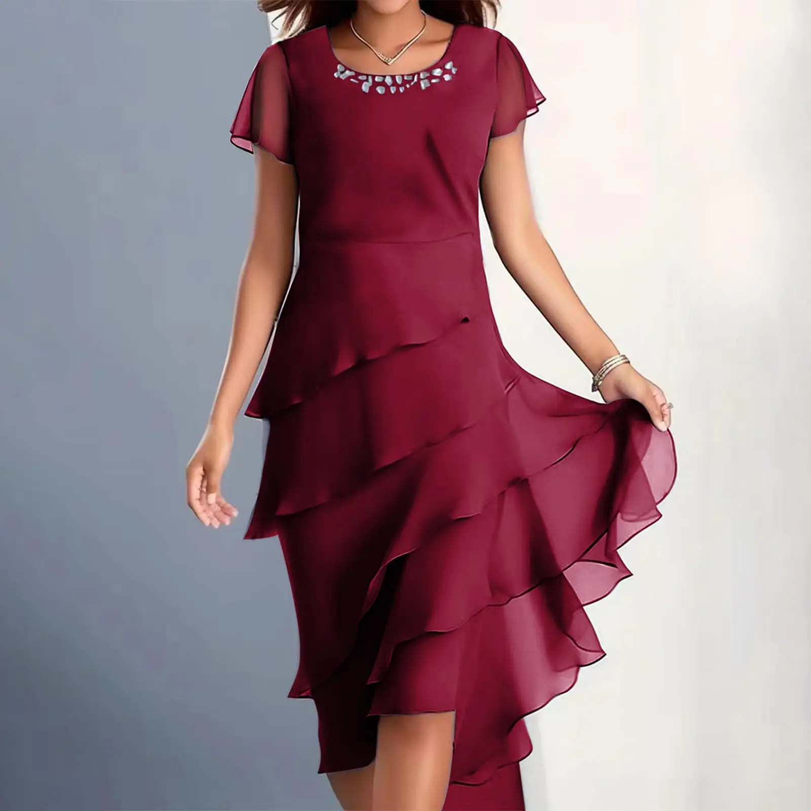 Customized 2025 Cocktail Dress for Women Mother of The Bride Dresses Tiered Flowy Ruffle Short Sleeve Formal Evening Dress