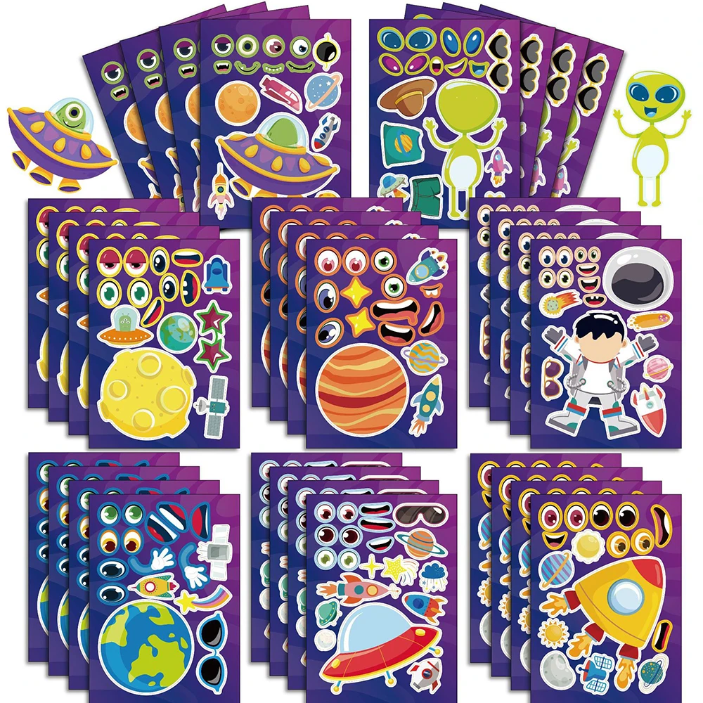 8/16Sheets Planet Astronaut Puzzle Stickers Funny Alien Assemble Jigsaw Decals Children DIY Party Game Kids Educational Toy Gift