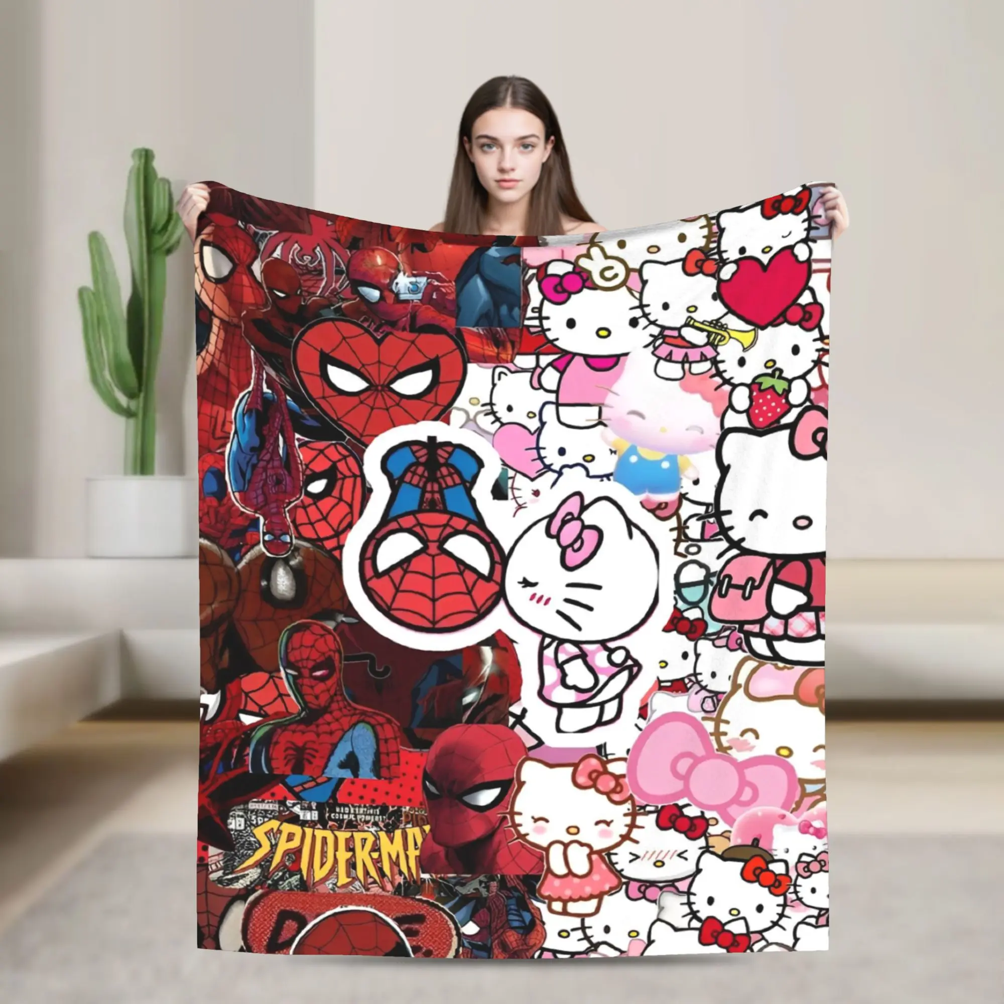 

Hello Kitty Spiderman Cartoon Knitted Blankets Flannel Throw Blanket Airplane Travel Portable Ultra-Soft Warm Bedspreads,