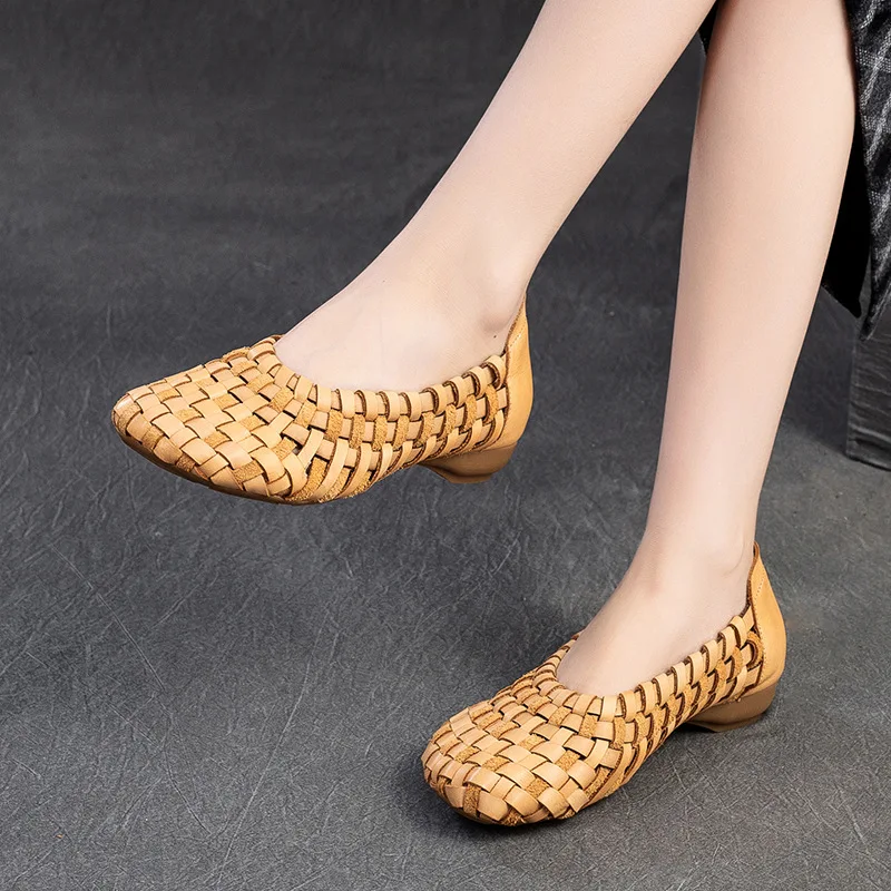 GKTINOO 2024 Autumn New Vintage Versatile Genuine Leather Woven Flat Shoes Handmade Round Toe Handmade Soft Sole Slip-on Shoes