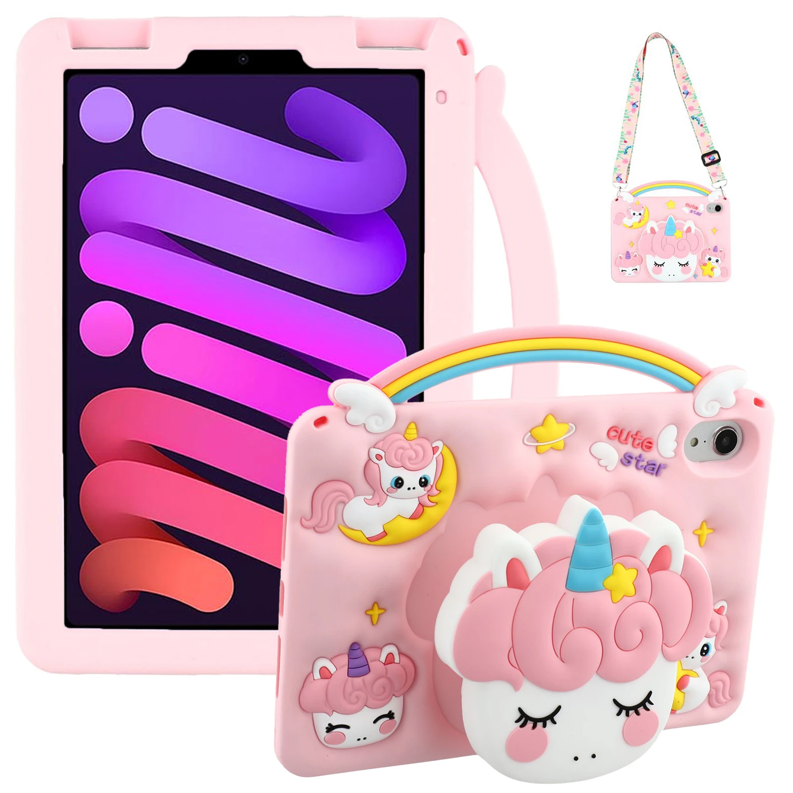 For iPad mini (2024)  /  (2021) Case Handle Unicorn Retractable Kickstand Silicone Tablet Cover with Shoulder Strap