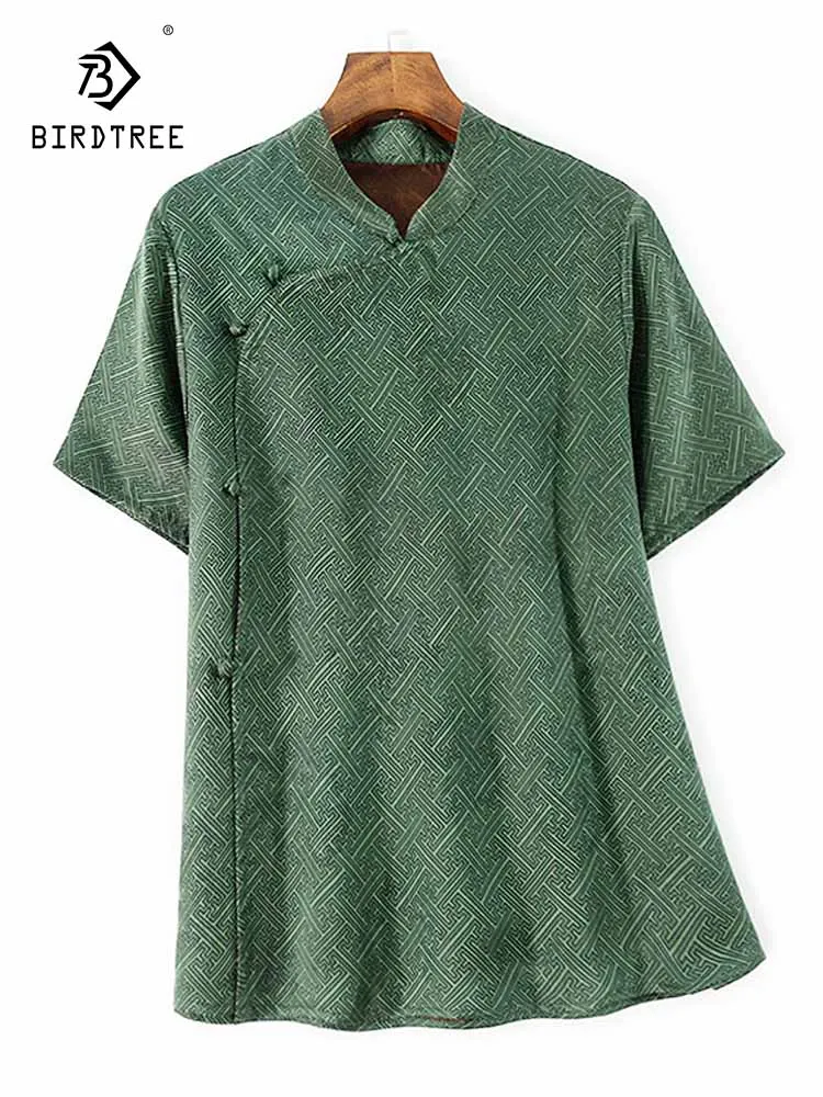

BirdTree-Watered Gauze Silk Elegant Shirt, Women Stand Jacquard Button, Retro Commute Loose Blouse, 2025 Summer New T57560CC
