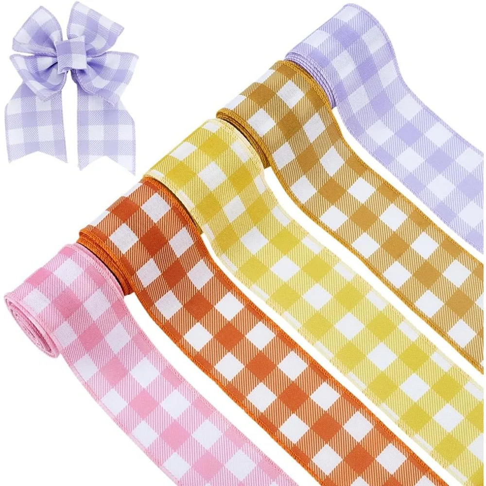 

5 рулонов, 50 ярдов, лента с проволочными краями, 2,2 дюйма, весенняя лента в клетку с рисунком, цветные пледы, лента из ткани для рукоделия, подарок «сделай сам»