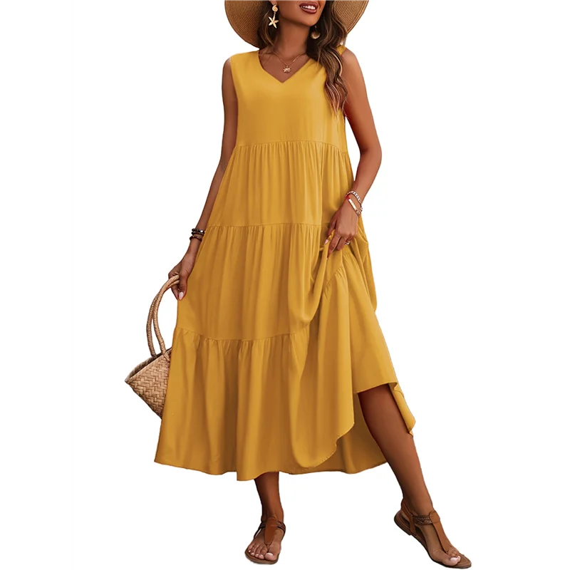 【SEE】Vestidos femininos de verão sem mangas maxi vestido com decote em V casual flowy em camadas