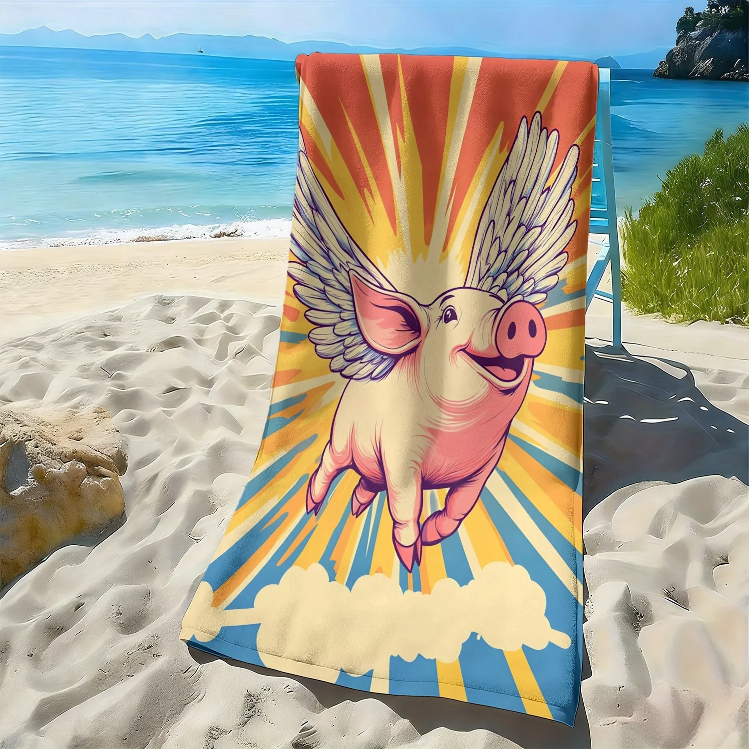 Sunshine Flying Pig Cartoon Pattern polyester microfiber beach towel is highly absorbent suitable for swimming and beach outings
