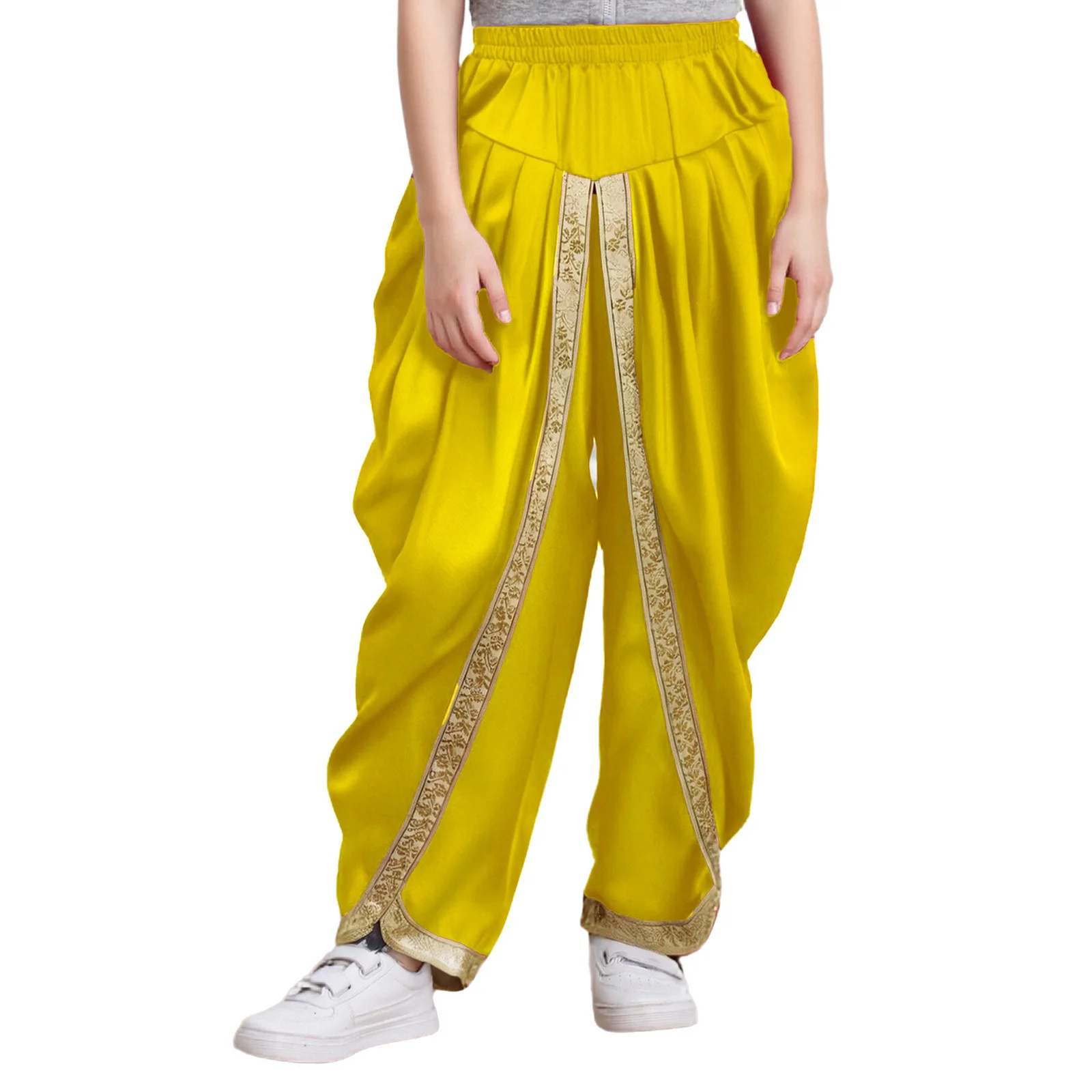 

Kids Boys Girls Indian Dance Satin Dhoti Pants Elastic Waist Draped Baggy Trousers for Halloween Party Cosplay Fancy Dress Ball
