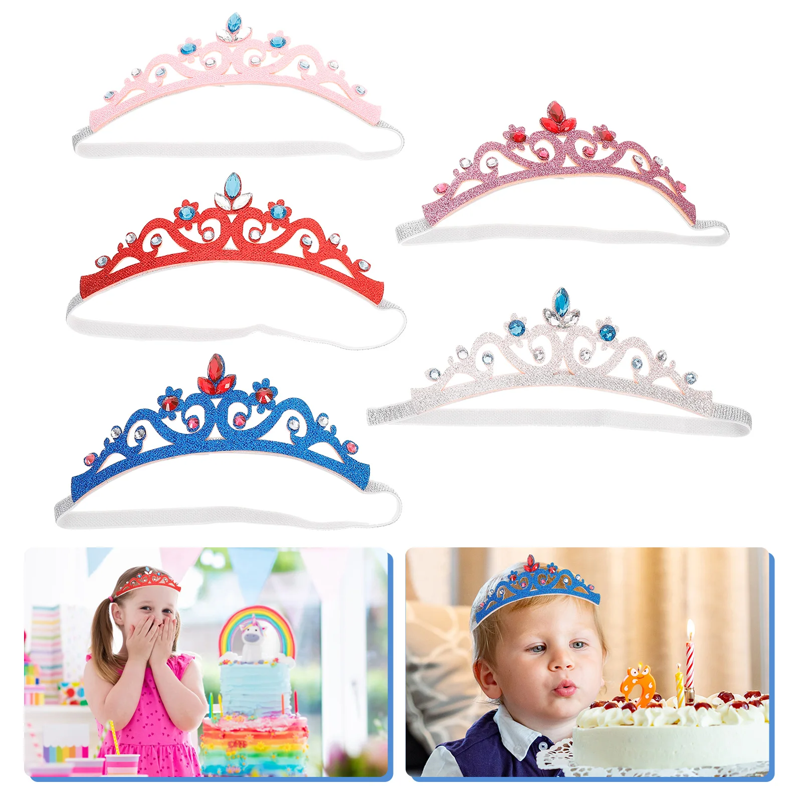 

5pcs Girls Crystal Crown Headbands Rhinestone Elastic Newborn Toddler Hairbands Party Christening Accessories