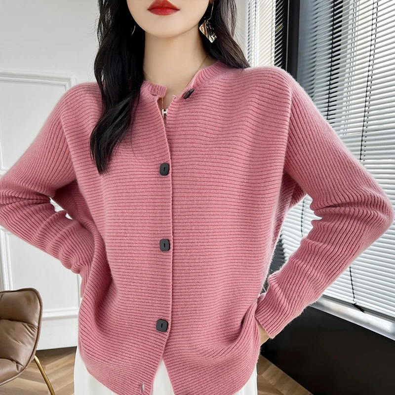 Autumn/Winter New 100% Pure Wool Cardigan Women\'s O-Neck Knitted Bat Sleeve Cardigan Loose Solid Color Cashmere Sweater Coat Top