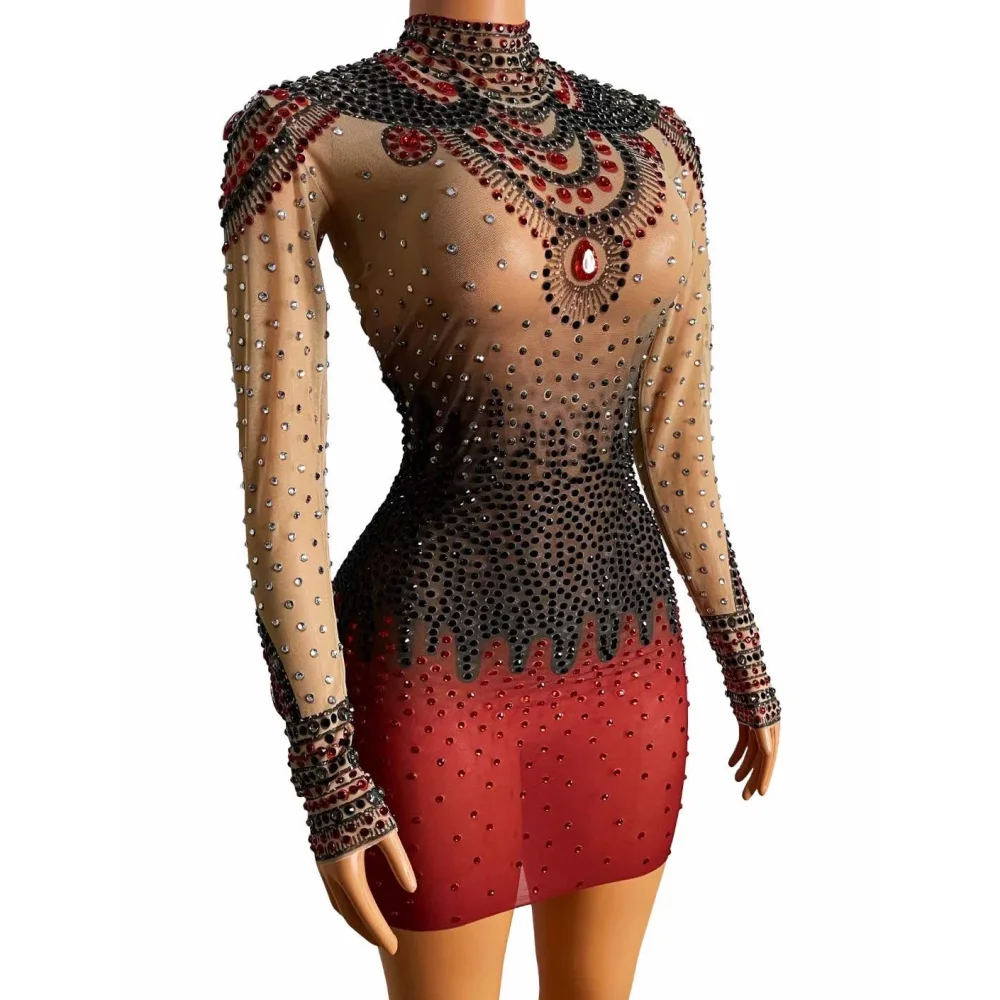 

Women Dress Shining Sparkly Crystal Rhinestones Long Sleeve High Neck Sexy Nightclub Singer Stage Costume Music Festival Wears