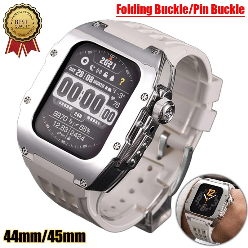 

New Modification Kit for Apple Watch 44mm 45mm Fluororubber Strap/Rubber Band Folding/Pin Buckle for IWatch Series 9 8 7 6 5 4