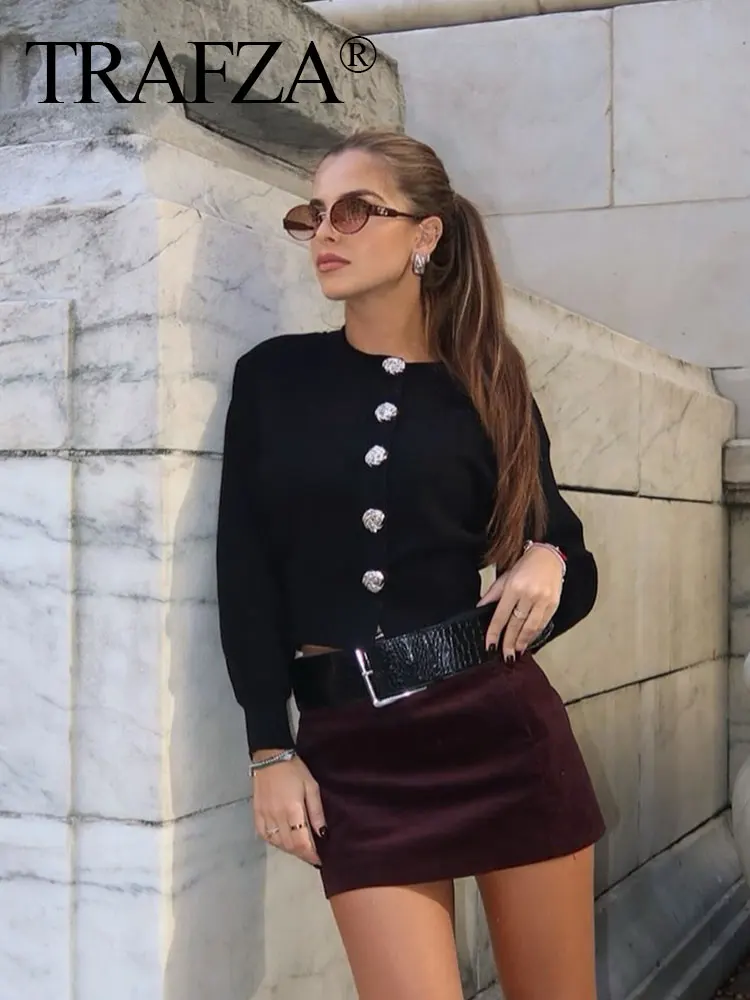 TRAFZA Female High Street Slim Skirts Solid High Waist Belt Decorate Zipper Mini Skirts Autumn Short Skirts Woman 2024 Trendy