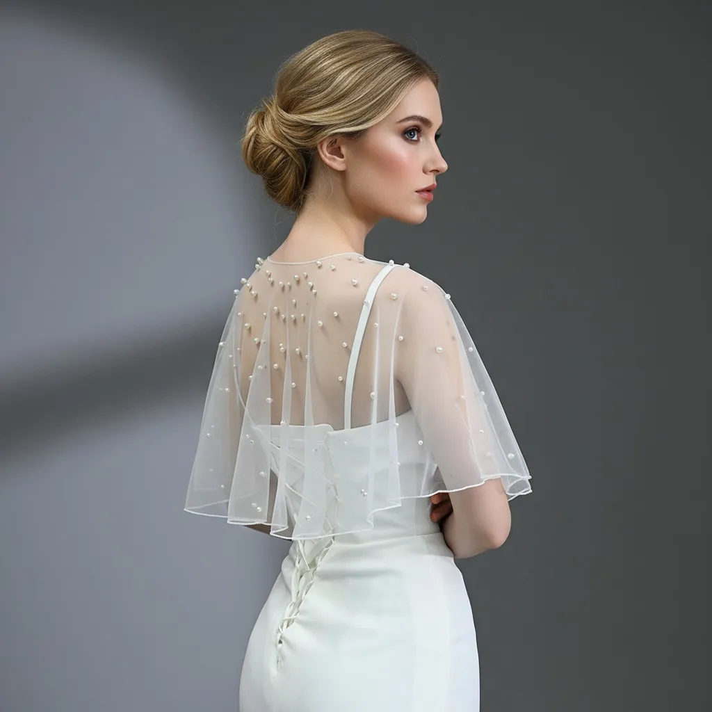 Elegant Pearl Embellished Sheer Tulle Capelet for Women Sleeveless Pencil Edge Bridal Bolero Pearl Button Wedding Shawl Wrap
