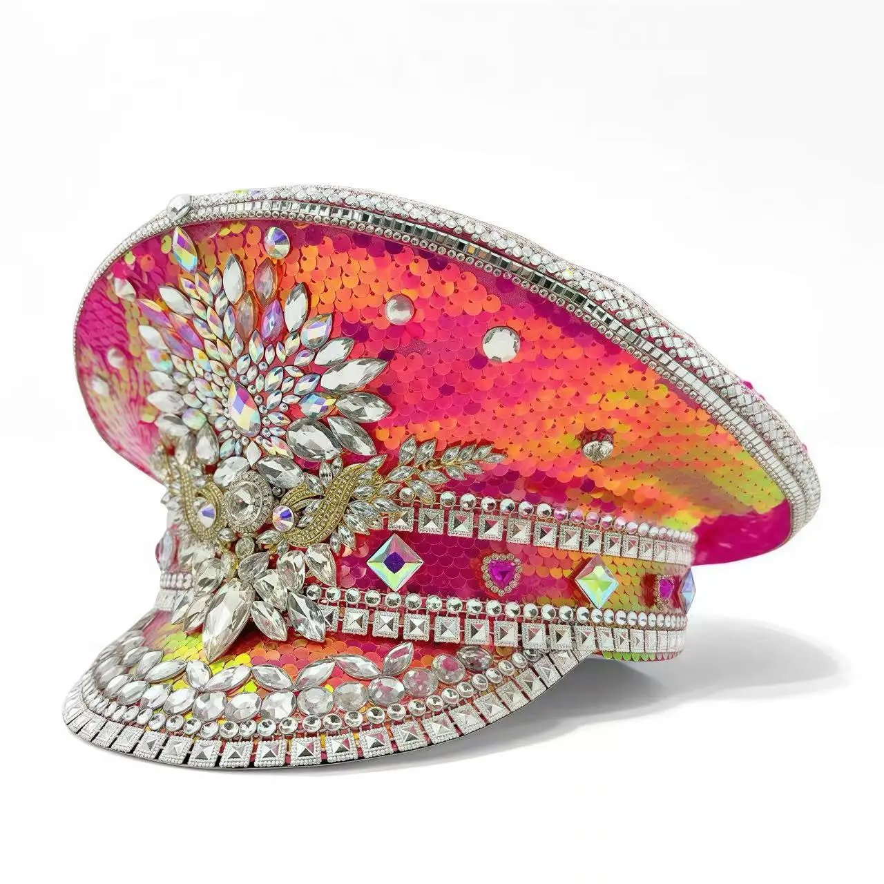 ホンルアン イエローレーザーレザーループキャプテンハット ラインストーン＆ミリタリーキャップ 女性用、レイブフェスティバルアクセサリー＆パーティーキャップ男性用