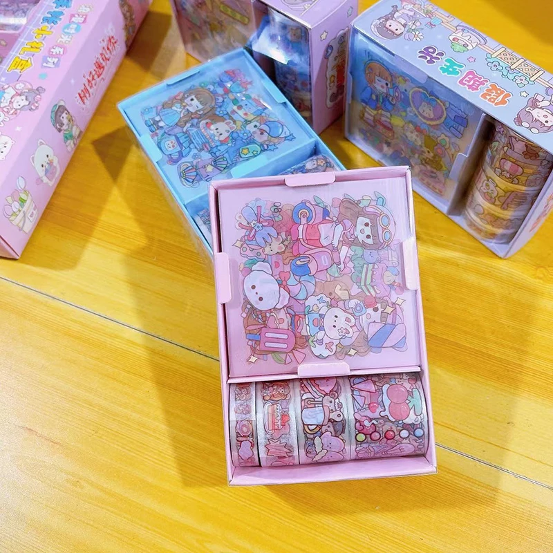 Sanrio Sticker Roll Gift Box Cute Hello Kitty Cinnamoroll Kuromi My Melody Pompompurin Hand Acount Tape Stickers Decal Kids Toys