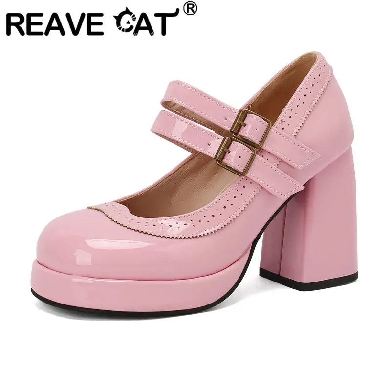 

REAVE CAT Женские туфли-лодочки с круглым носком на массивном высоком каблуке 9,5 см на платформе 2 см с пряжкой и ремешком Большой размер 42 43 44 Элегантные туфли для свиданий
