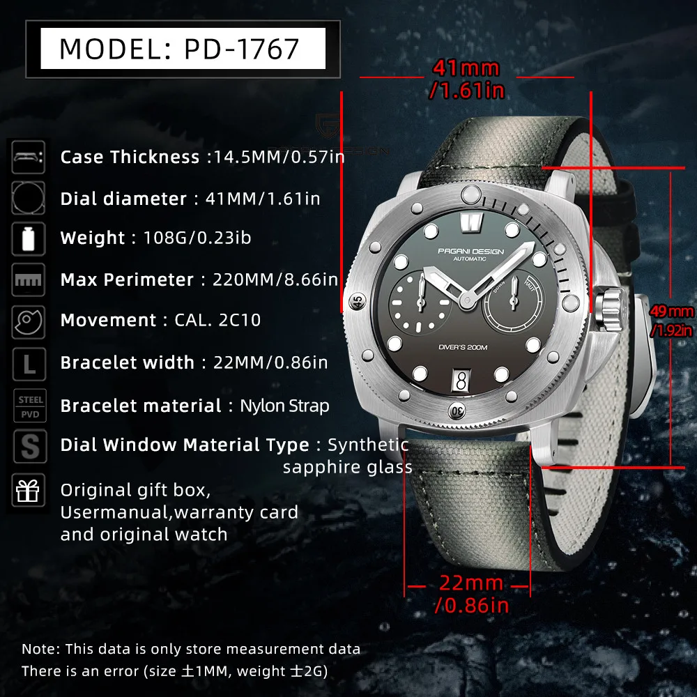 2023 New PAGANI DESIGN Fashion Sports Automatic Mechanical Watch 100M Waterproof Sapphire Glass Stainless Steel Watch Male