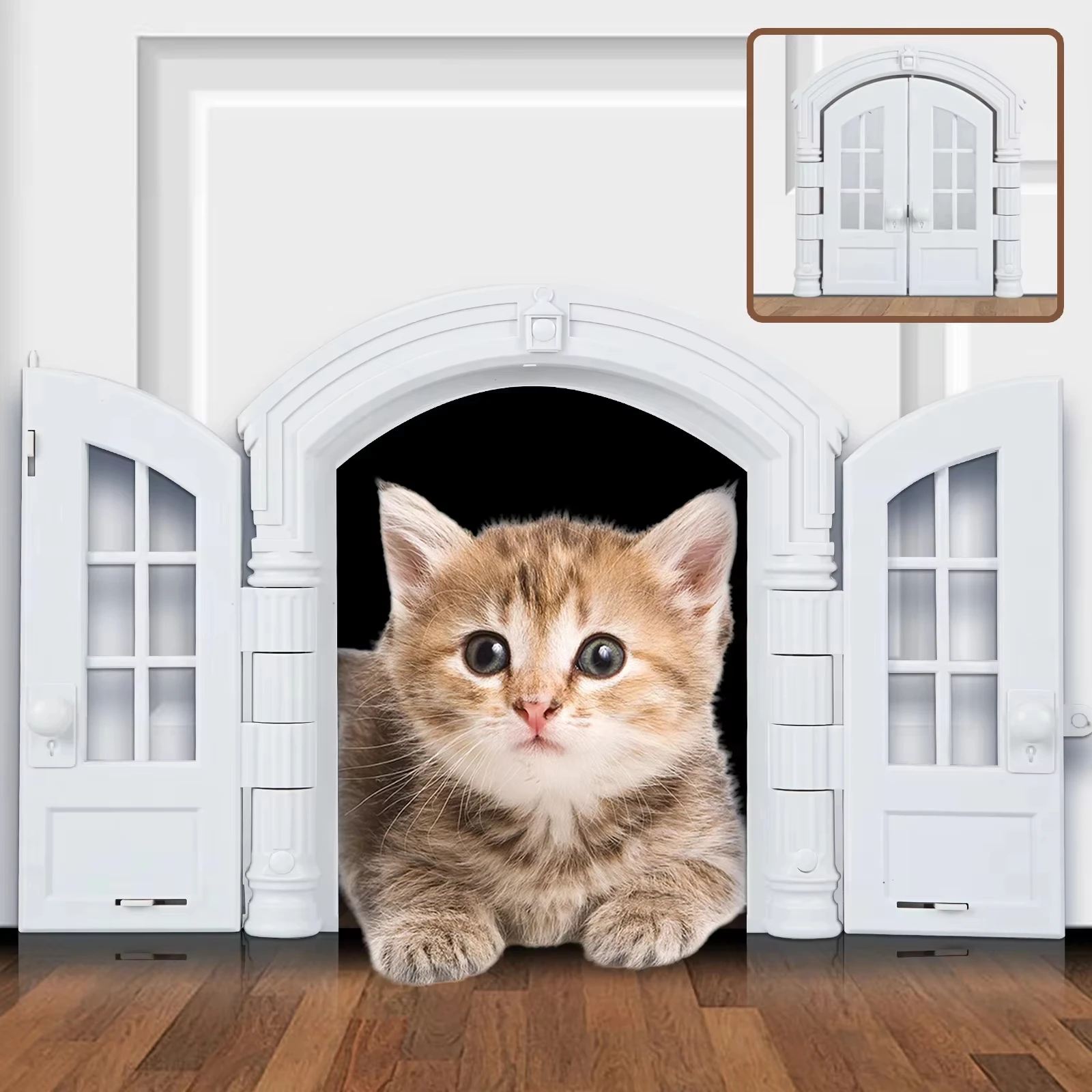 Today Life French Cat Door French Pet Free Entry and Exit Double Door ABS Cat Door Dog Door Hole with Door Curtain Cat Door
