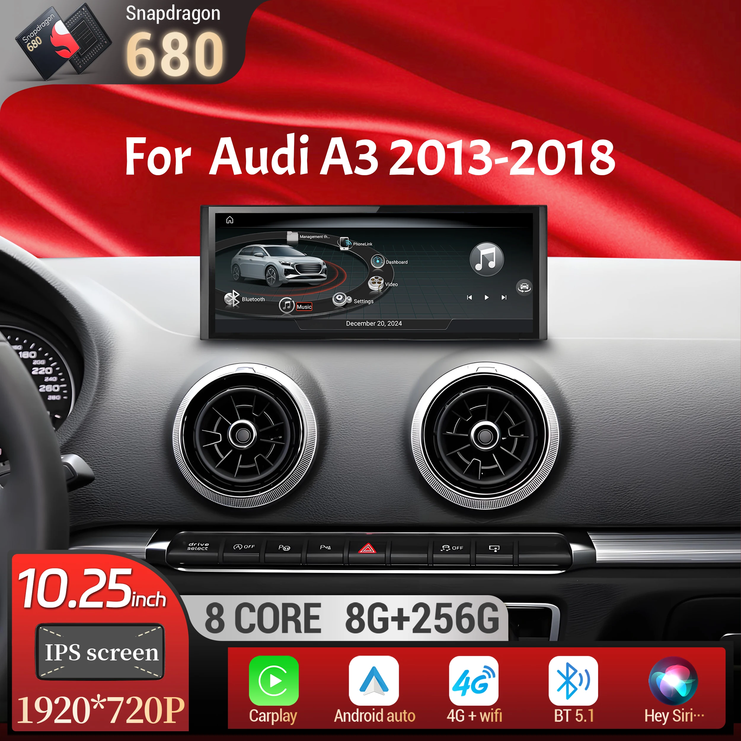 

10.25 inch Android 14 For Audi A3 2013-2018 Car Radio Wireless Bluetooth Carplay Head Unit Qualcomm Snapdragon 680 Touch Screen