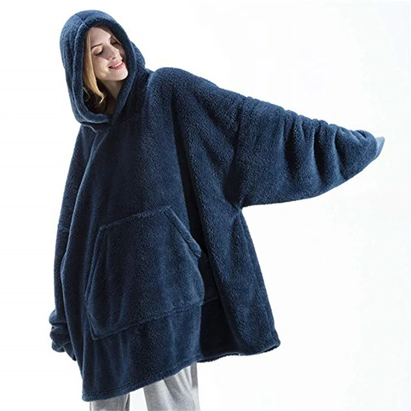 New Winter Women Double-faced Fleece Hoodie Blanket Oversize Large Pocket Warm Couple Loose Sweatshirts Women And Men Robe