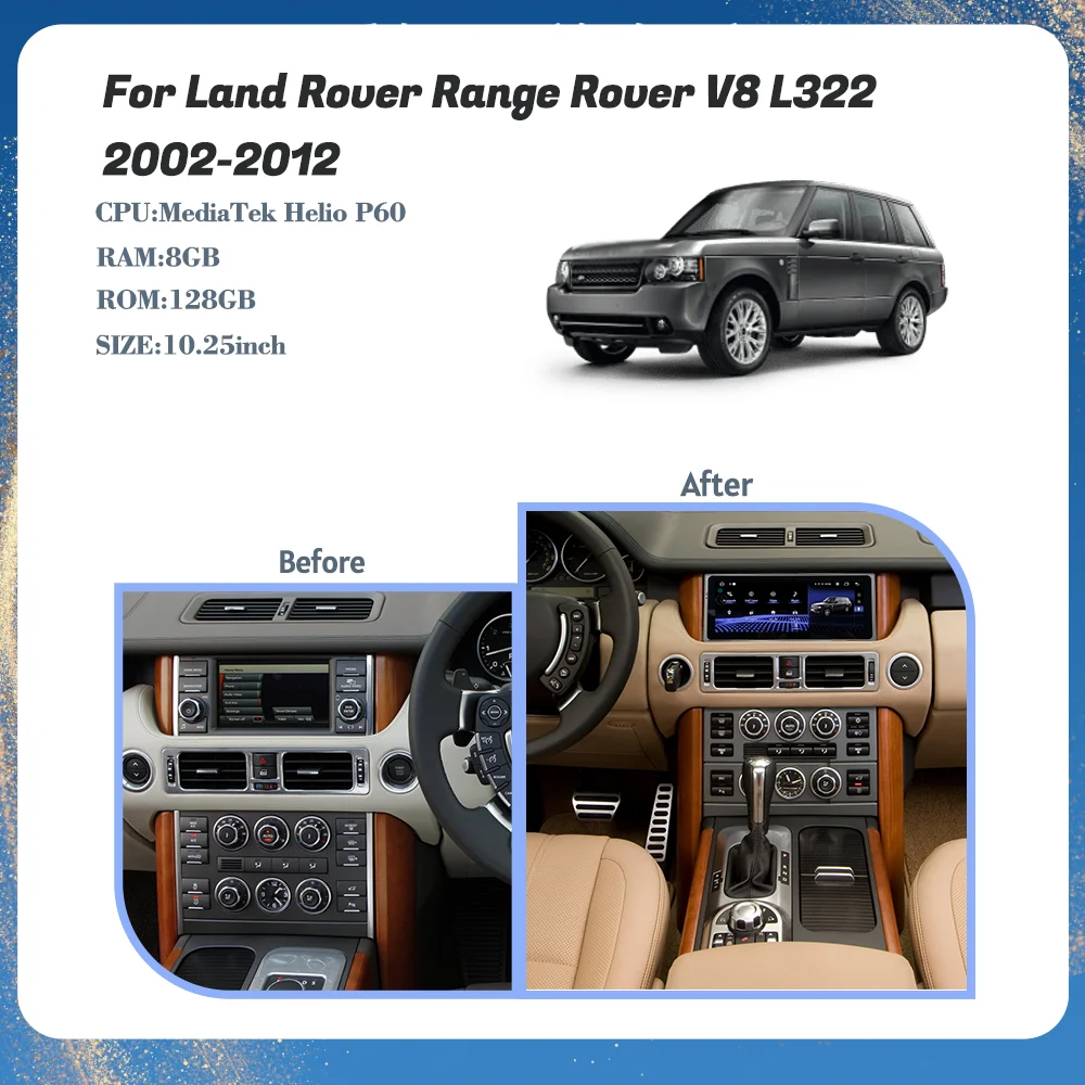 10.25 بوصة Android11 لاند روفر رينج روفر V8 L322 2002-2012 Redio GPS Carplay 5G الملاحة HD جاء مشغل وسائط متعددة