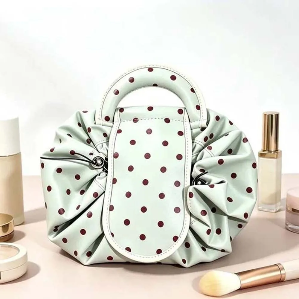Waterproof Drawstring Makeup Pouch Foldable Washable Polka Dot Cosmetic Bag Lightweight Portable Large Capacity Toiletries