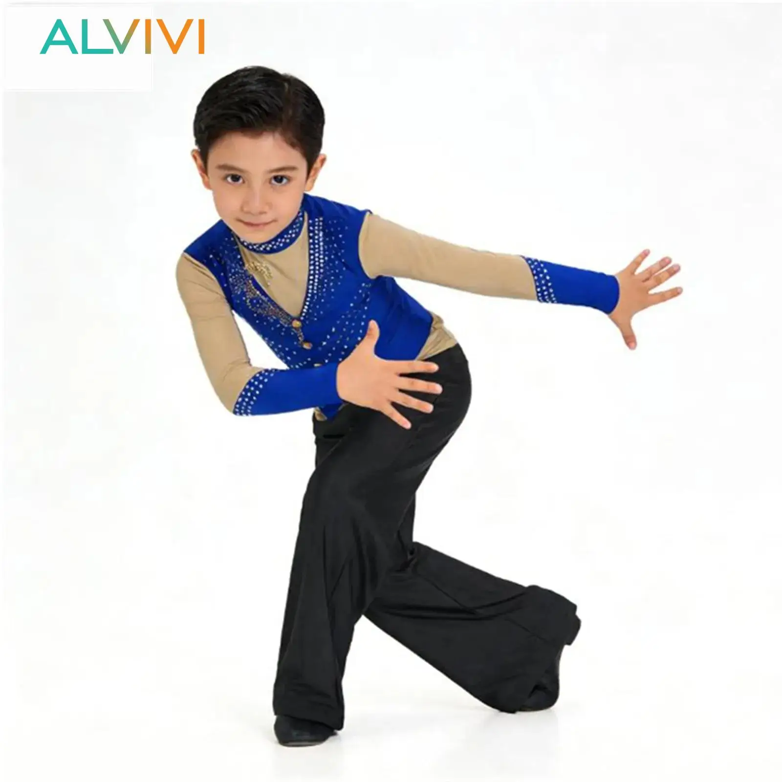 

Детский костюм для балета и танцев для мальчиков, гимнастический костюм для фигурного катания, блестящий топ со стразами на невидимой молнии и брюки