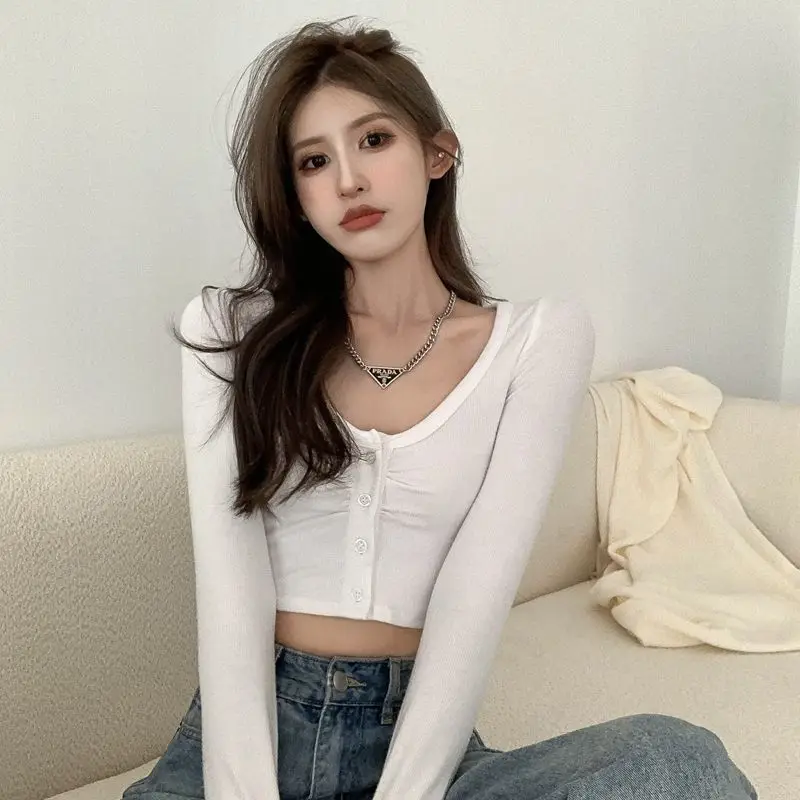 

Long-sleeve T-shirts Women Slim Sexy Crop Tops Fashion O-neck Streetwear Simple Korean Style Summer Y2k Ulzzang All-match Young