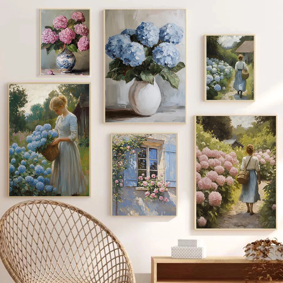 (1PC Unframe)Romantic Vintage Floral Posters Hydrangea French Cottage Modern Prints Canvas Painting Wall Art Pictures Home Livin