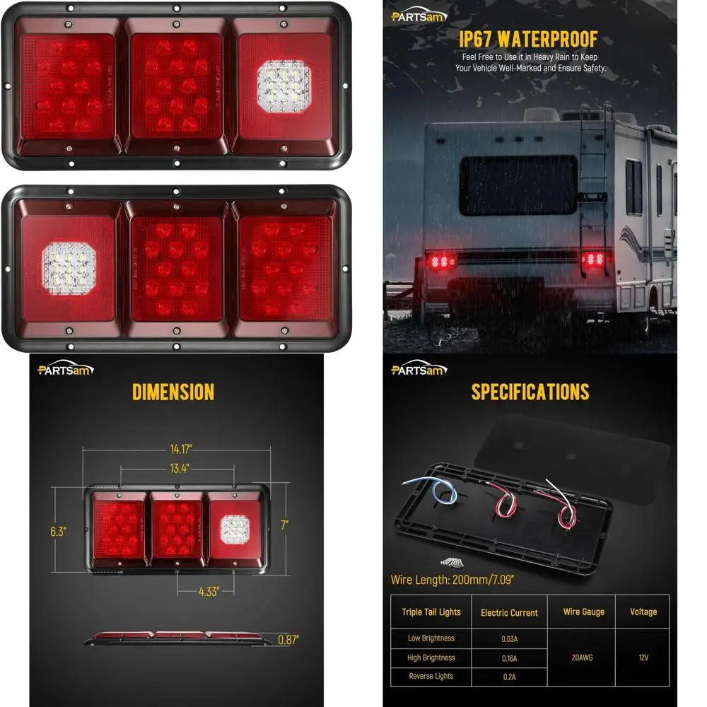 

2 Pack LED Triple Tail Lights, 45 LEDs, Rectangular, Vertical/Horizontal Mount, Trailer/Camper/RV, Tail, Stop, Turn, Tail, Backu