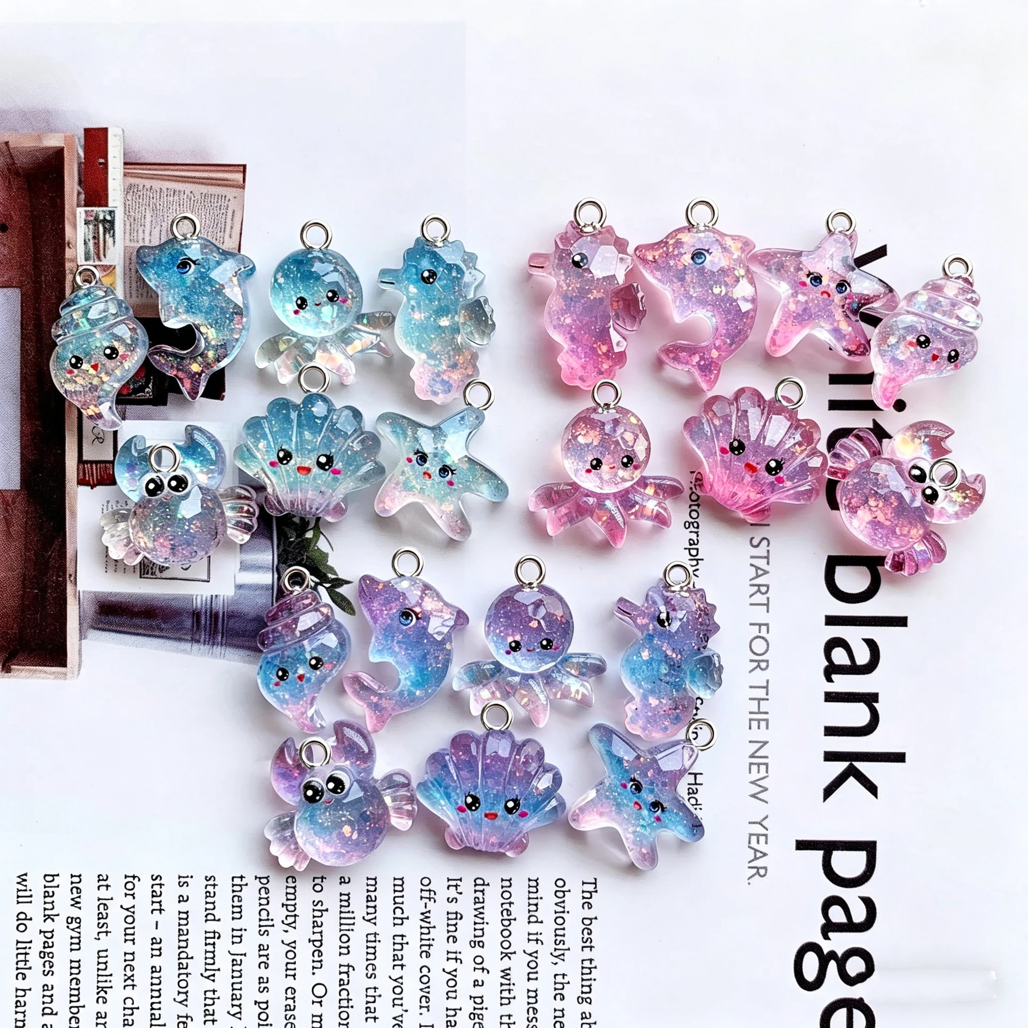 Mix7pcs/bag Cartoon Glitter Ocean Series Charms Seahorse Shell Star Pendant for Jewelry Makeing DIY Earring Bracelet Accessories